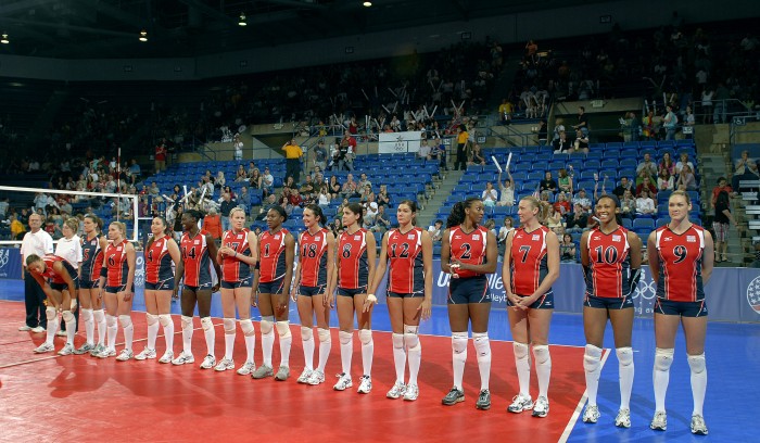 The U.S. Women's National Volleyball Team, ranked fourth in the world, stands for introductions at Clune Arena on the campus of the U.S. Air Force Academy, Colo., before an exhibition match against top-ranked Brazil June 14, 2008.  Team USA is concluding a three-match 2008 U.S. Olympic Team Exhibition for Volleyball series that started June 11. (U.S. Air Force photo by Mike Kaplan/Released)